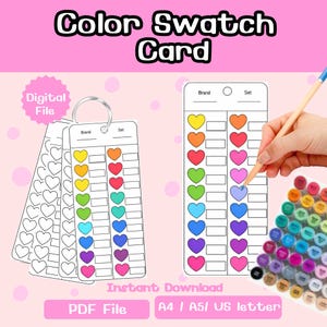 May include: A digital color swatch card with a pink background. The card features a series of heart-shaped color swatches in various colors. The text "Color Swatch Card", "Digital File", "Instant Download", and "PDF File" are visible.