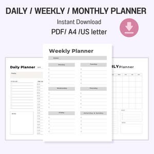 Minimalist Daily Weekly Monthly Planner ,A4 + US Letter ,Undated Printable PDF ,Clean Productivity Organizer , To Do List ,Instant Download