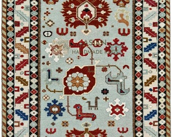 Handmade Turkish Wool Oushak Rug: Red & Blue Geometric Area Carpet