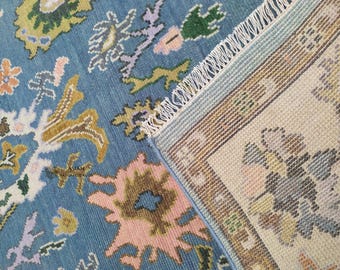 Dusty Blue Hand Knotted Wool Rug, Pastel Persian Area Rug, Handmade Bhadohi Carpet, Oushak Style Living Room Bedroom Rug 8x10 ft.