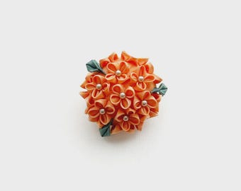 Osmanthus Silk Brooch – Orange Tsumami Zaiku Kanzashi Flower Pin - Wedding, Mother of the Bride Gift