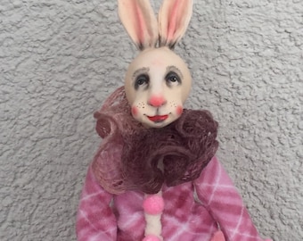 Collecting paper clay bunny art doll, air dry clay figure for home