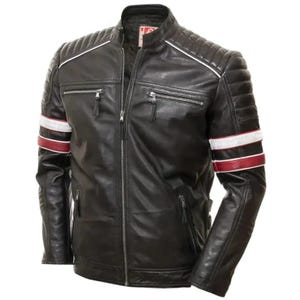 Mens Black Premium Sheepskin leather jacket with white red leather stripes, Black Slim Fit Biker Genuine Leather Jacket