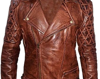 Chaqueta de motociclista vintage de cuero acolchado marrón, abrigo desgastado para hombre