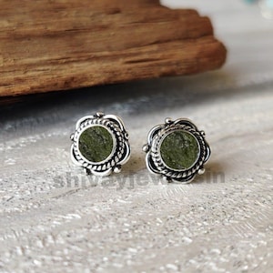 Raw Moldavite Sterling Silver Stud Earrings: Boho Healing Crystal