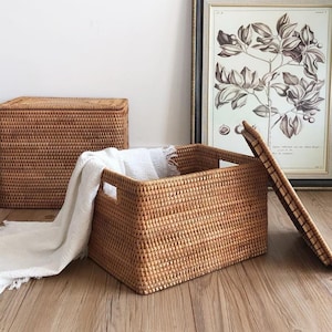 Lidded Rattan Storage Basket – Square Woven Organizer Box