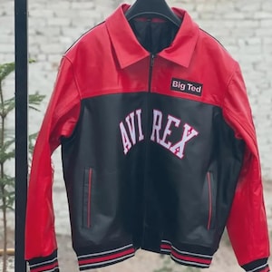 AVIREX USA Icon Leather Bomber Jacket: Black & Red Military Style Jacket