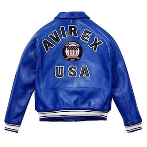 Men&#39;s Blue Avirex Real Leather Bomber Jacket American Flight Leather Jacket /Special gift for Chrismtas /Special gift for brother father