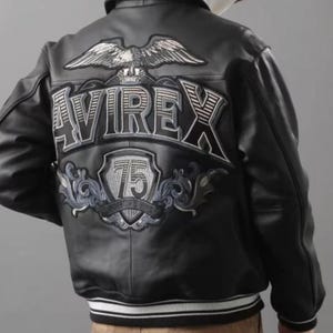 AVIREX USA Edition Icon Jacket In Black Color, Military Bomber Jacket, Men&#39;s Bomber Jacket, Original Leather Jacket For Him, Gift For Him
