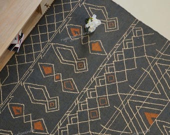 Kilim Area Rug Modern Geometric Wool Jute Flatweave Carpet Boho Living Room Rug Handmade Eco-Friendly Floor Decor Custom Size Available(USA)