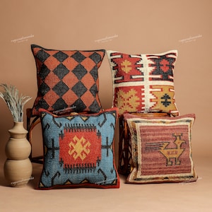 4 Set jute Kilim Pillow cover Home Décor Handwoven Turkish Pillow set multi Pillow Decorative Throw Pillow Kilim Cushion Cover Jute Pillow