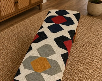 Banco Kilim, otomano, em lã e juta com base de madeira, decoração rústica para sala de estar, estilo ocidental, banco vintage Kilim, banco para piano.