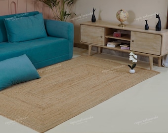 Handmade Geometric Jute Rug: Rectangular Braided Jute Carpets For Kitchen 8 x 10ft Custom Size Available Modern Home Decor Area Jute Doormat