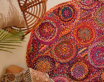 Handgevlochten katoenen chindi-tapijt regenboogkleur woonkamerdecor Boho gebiedtapijt Milieuvriendelijke vloermat Vintage rond tapijt Aangepast formaat tapijt