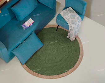 Handwoven Green Round Jute Rug | Natural Boho Area Rug Living Room & Bedroom Decor