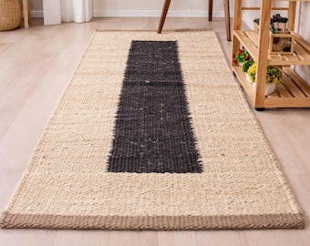 Alfombra de yute con rayas negras, ideal como regalo de San Valentín, estilo bohemio de fibra natural, moderna alfombra de estilo rústico, ecológica para sala de estar.