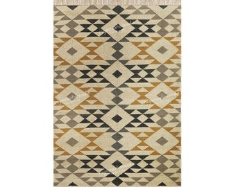 Handwoven Wool Jute Rug Handmade Kilim Dhurrie Rug Traditional Indian Wool jute Area rug 6 x 9ft 8 x 10ft Woven southwestern carpet for home
