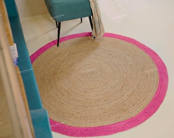 New Year 2026 Home Refresh Handmade Round Jute Rug with Pink Border | Modern Eco-Friendly Floor Decor