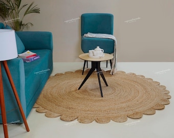 Round Jute Rug with Scalloped Edge | Boho Natural Area Rug | Handwoven Jute Carpet for Living Room | Farmhouse Décor