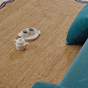 Custom Size Rug Natural Jute Rug Braided Area Rug Kitchen And Living Room Rug Scallop Color Border Rug Costal Farmhouse Rectangular Area Rug