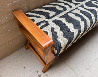 Handmade Kilim Bench Colorful Kilim Upholstered Bench Bohemian Wooden Bench Living Room Entryway Boho Home Decor Wool Jute Ottoman Bench