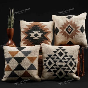 Set Of 4 Handwoven Aztec Cushion Cover Earth Tone Tribal Pillow Cover Rustic Boho Throw Pillow For Sofa Living Room Décor
