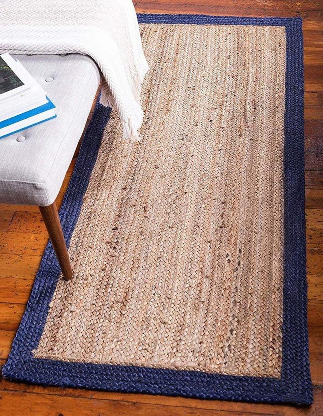 Natural Jute Rug With Navy Blue Border, Handwoven Boho Farmhouse Rug ...