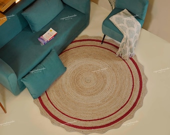 Handmade Round Jute Rug with Red Border Scalloped Natural Braided Mat Boho Farmhouse Decor