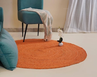 Round Orange Chindi Jute Rug Handmade Natural Braided Boho Farmhouse Living Room Home Decor