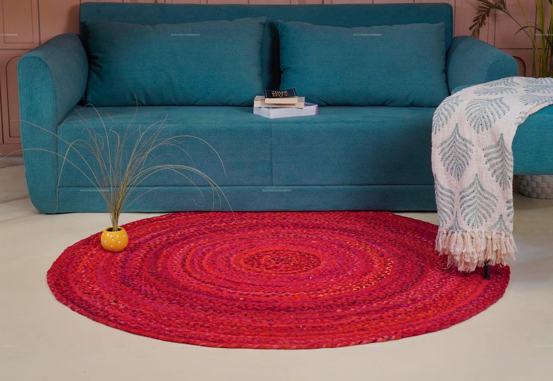 Rad Braided Rug Red Round Braided Rug Handwoven Cotton Chindi Rug Boho Floor Rustic ...