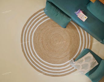 Round Jute Rug with White Stripes | Handmade Natural Braided Rug | Boho Farmhouse Circle Carpet | Eco-Friendly Home Decor
