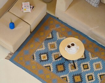 Tappeto Kilim blu, tappeto in lana e juta tessuto a mano, tappeto con motivo geometrico a rombi, decorazione per soggiorno, tappeto vintage, tappeto ecologico, tappeto boho