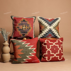 4 Set of Indian Hand Woven Multicolor Wool Jute Bohemian Decorative Throw Pillow Covers Handmade Vintage Kilim 45x45 cm Couch Cushion Cover