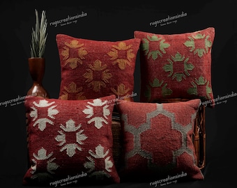 4 Set of 18x18 Inches Handwoven Wool Jute Pillow Cover, Geometric Pattern Cushion Covers