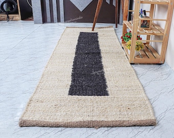 Alfombra de yute con rayas negras para San Valentín, estilo bohemio de fibra natural, minimalista, ecológica y para sala de estar.