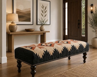 Banco Kilim artesanal em lã e juta com base de madeira, decoração rústica para sala de estar, estilo western, banco vintage Kilim, banco para piano.