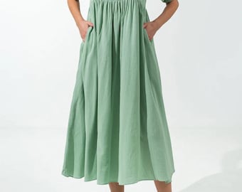 Mintgroene katoenen maxi-jurk | Zomerjurk met pofmouwen, vierkante halslijn en uitlopende rok
