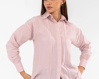 Pastel Pink Pleated Cotton Shirt | Minimalist Button Down Blouse