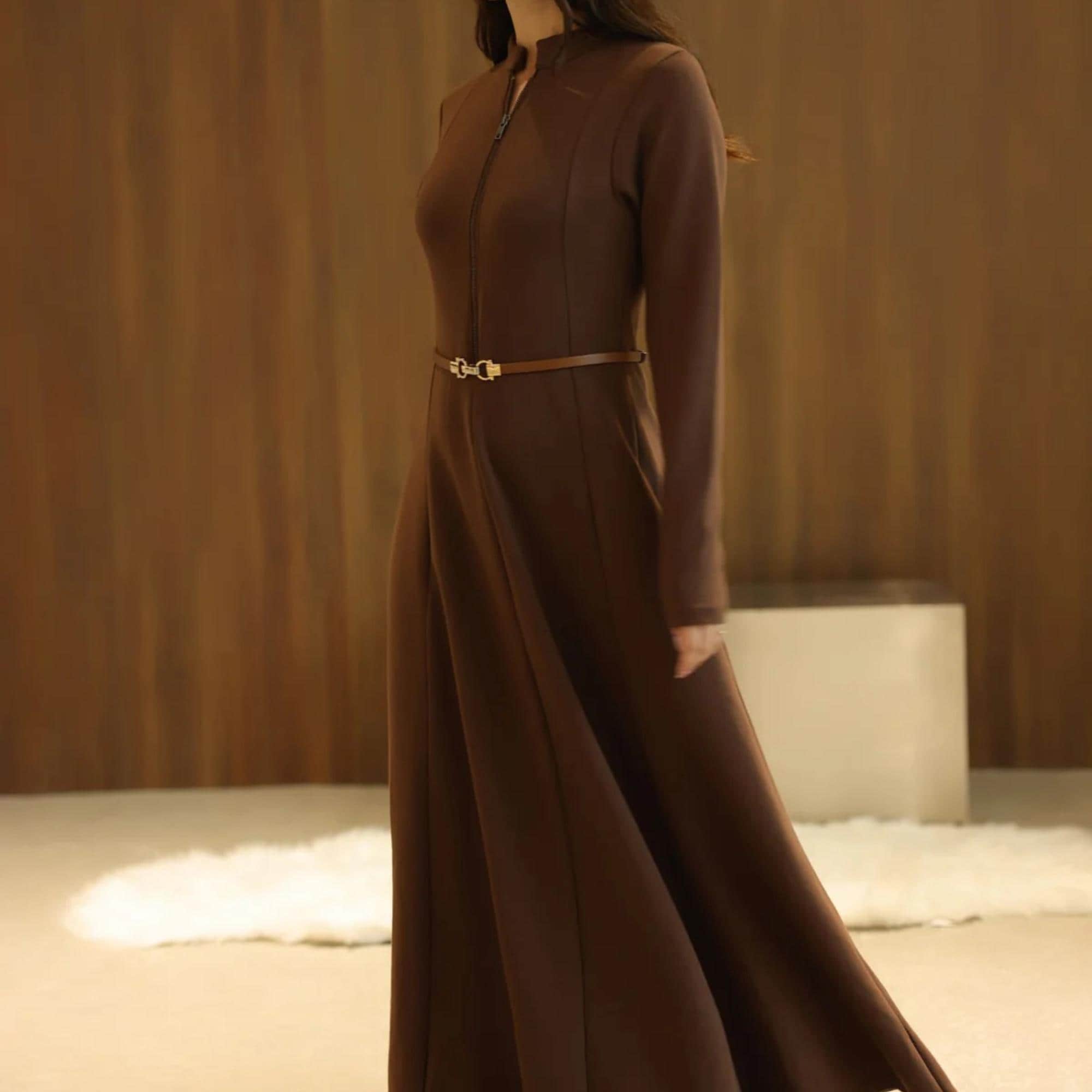 Panel Brown Dress in Stretch Spandex Knit • Flattering Everyday Midi Dress