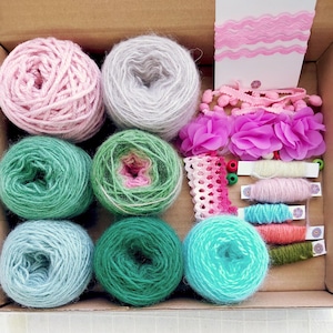 Colorful Yarn Bundle, Scrap Yarn Pack for Crafts, Mixed Fibers and Trims, Forestcore Textile Set, Pink Green Aqua Crochet Kit
