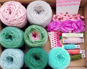 Colorful Yarn Bundle, Scrap Yarn Pack for Crafts, Mixed Fibers and Trims, Forestcore Textile Set, Pink Green Aqua Crochet Kit