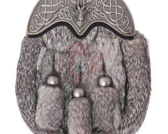 Full Dress Rabbit Fur Sporran | Stag Head Cantle, Celtic Knot Design, Kilt Accessory