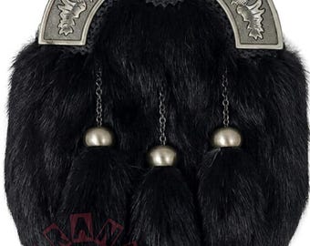 Black Rabbit Fur Full Dress Sporran | Thistle Cantle, Antique Silver Finish Kilt Accessory
