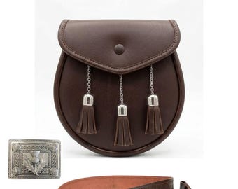 Conjunto de sporran de cuero marrón para uso diario con hebilla de cinturón de cardo – Accesorios para kilt celta