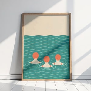 Wild Swimmers Linocut Style Print | Retro Style Poster Art | Minimalist Modern Swimmers Illustration | Wall Art