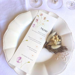 Rosalia-Themenmenüs – Hochzeitsmenüs, illustrierte Menüs, Aquarellzeichnungen, Blumenmenüs