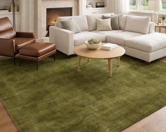 Hand Tufted Solid Green Rug, Premium Wool Custom Area Rug, Plain Sage Olive Green Carpet, Luxury Thick Textured Minimalist Floor Decor