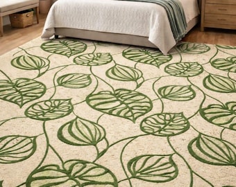 Alfombra moderna con estampado de hojas: alfombra de lana suave tejida a mano inspirada en la naturaleza, alfombra botánica contemporánea para la sala de estar.