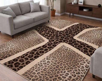 Leopard Print Area Rug, Hand Tufted Wool Animal Print Carpet, Modern Safari Rug, Beige Brown Cheetah Pattern Rug, Living Room Bedroom Decor