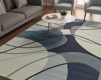 Blauer Abstrakter Geometrischer Teppich: Moderner Wohnzimmerteppich